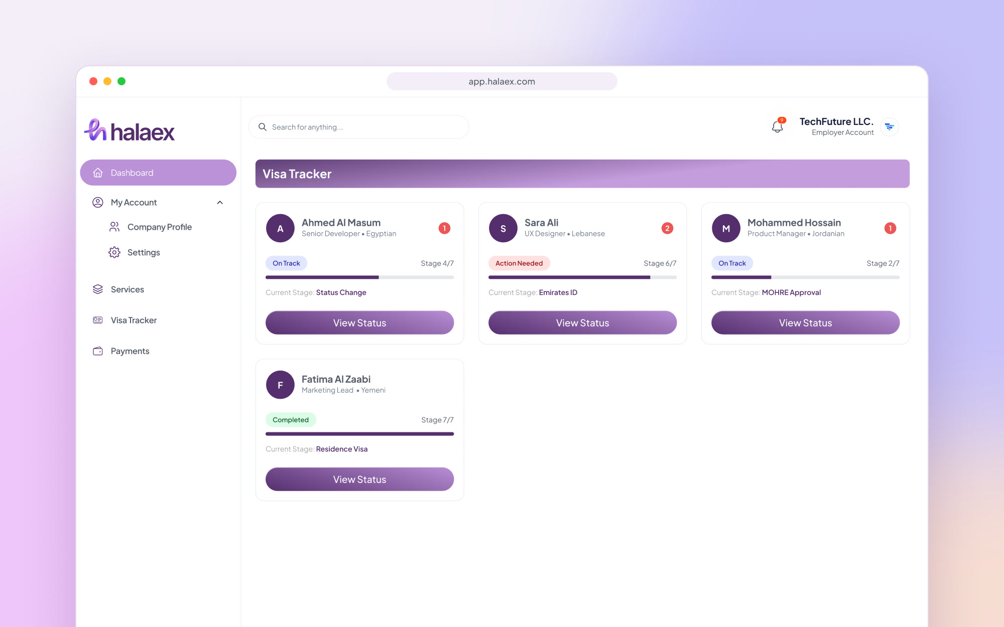 EOR visa tracker showing each new hire's visa stage