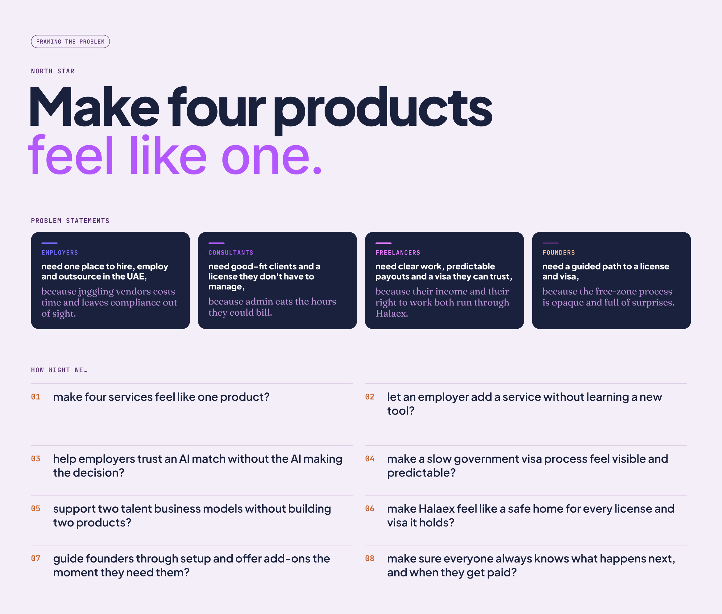 Problem statements and how-might-we questions, under the goal: make four products feel like one